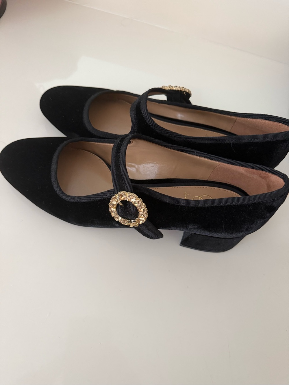 Sam Edelman Black Velvet Mary Jane Heels with Gold Buckle Accent
